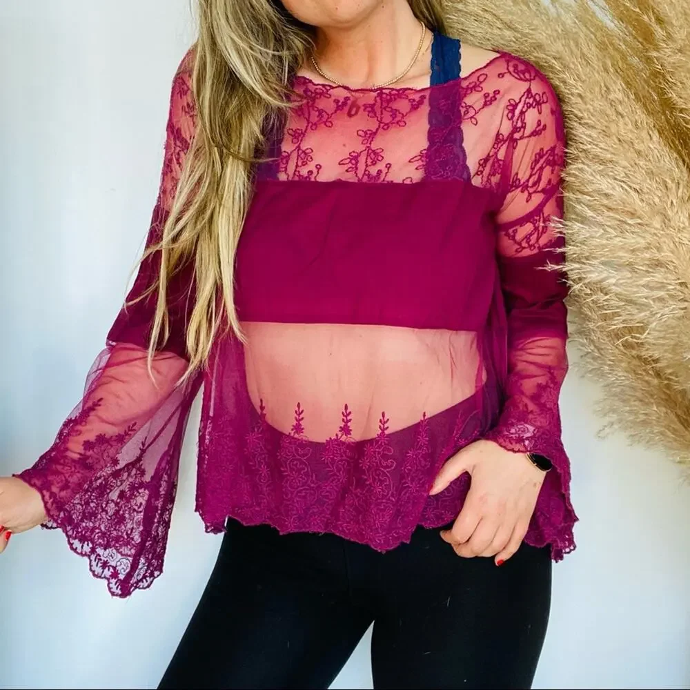 FREE PEOPLE Maroon Red Sheer Lace Mesh Long Bell Sleeve Crop Top Blouse Shirt M
